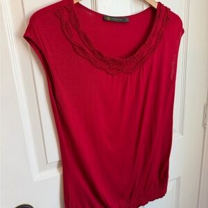 Outback Red Women's Short Sleeve Dressy Top with Ruffle Rounded Collar